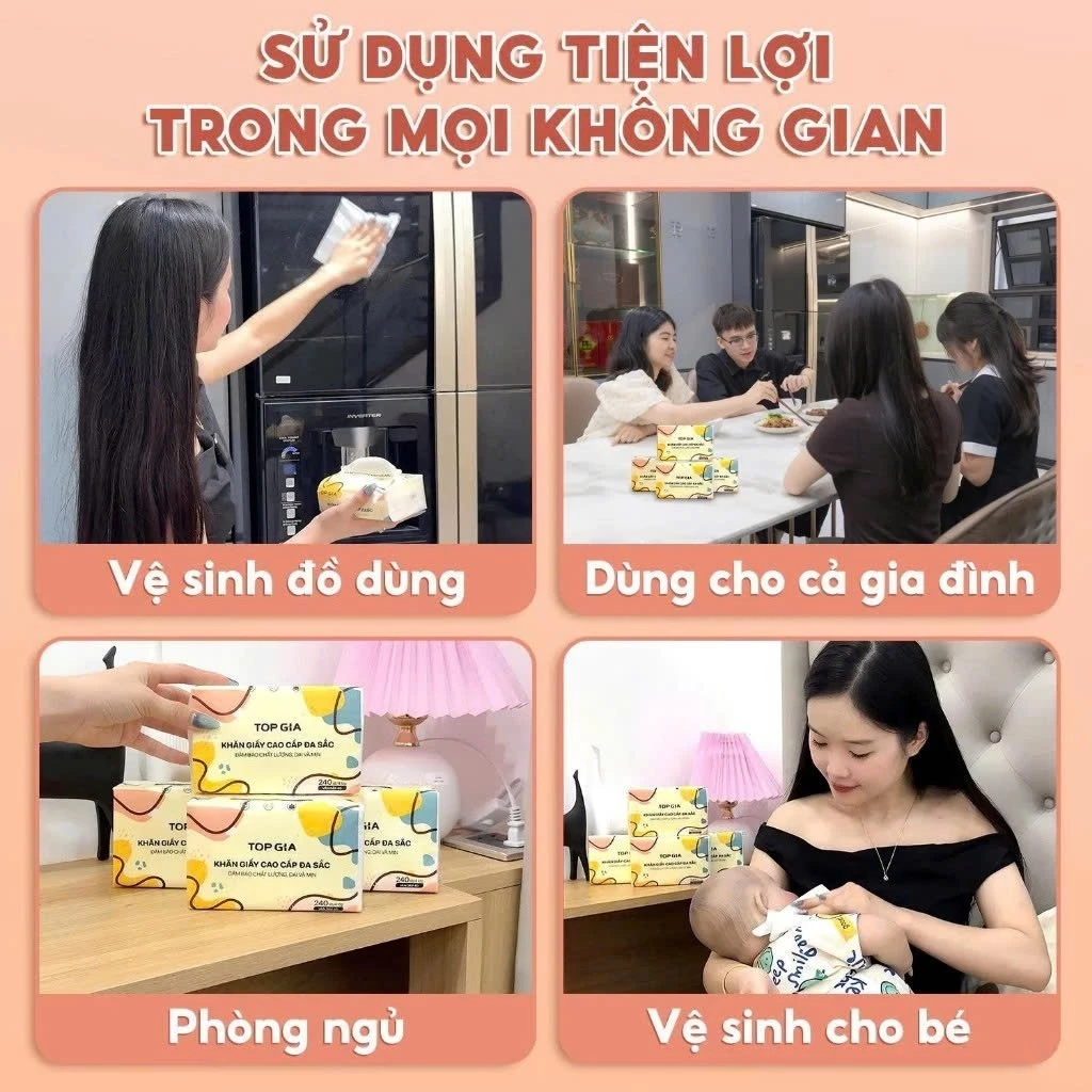 Giấy ăn rút Topgia đa sắc cao cấp 240 tờ 4 lớp, dập vân 4D, mềm mịn, thấm hút tốt