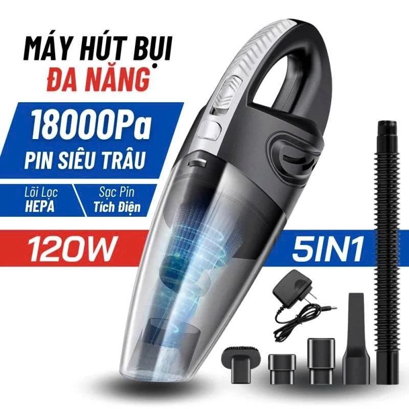 Máy Hút Bụi Cầm Tay Không Dây 5IN1, Lực Hút 18000PA Siêu Khỏe Công Suất 120W, Hút bụi cầm